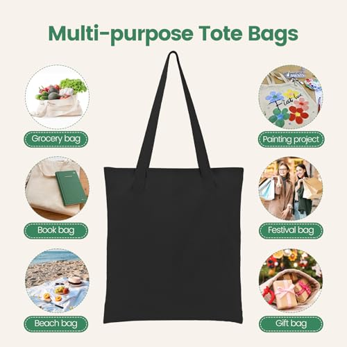 Carbrea 12 Pack Thin Canvas Tote Bags Bulk, Reusable Grocery Bags - Black - color: Black, size: Medium
