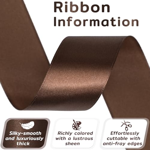 60 Yards Brown Satin Ribbon 1-1/2 Inch, Solid Polyester Fabric Ribbon for Gift Wrapping, Crafts, Flower Bouquet, Wedding, Festival, Christmas, Halloween - color: Brown