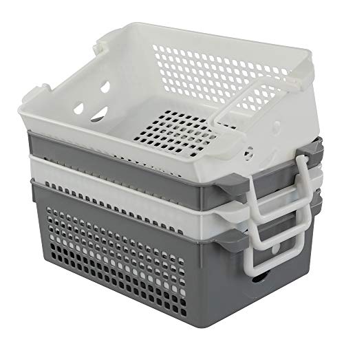 Stackable Plastic Storage Baskets with Handles, Set of 4(White, Grey) - size: stacking baskets