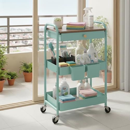 danpinera 3 Tier Rolling Cart, All-in-One Art Cart Organizer on Wheels for Kitchen, Bathroom, Office, Laundry - color: Green