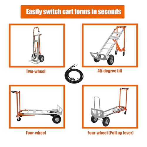 Heavy Duty Folding Hand Cart 1000LBS with Pneumatic Wheels, 4-Mode Aluminum Platform Dolly for Construction, Industrial, Moving, 51" Flatbed - color: Black-orange