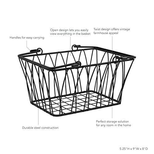 Spectrum Small Wire Basket with Handles Black Farmhouse Basket Organizer for Kitchen Bathroom Laundry Pantry Shelf Organization, Sturdy Twist Wire Metal Basket with Handle for Gifts or Storage - size: Small