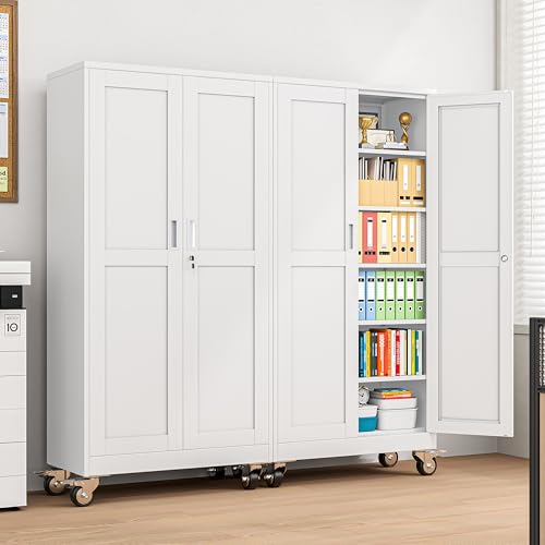 pozdeg 73.6" White Lockable Rolling Metal Garage Storage Cabinet - color: White, size: 17.7"D x 35.4"W x 73.6"H
