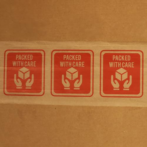 InStockLabels.com Premium Water Activated Tape Fiber Reinforced Packing for Heavy Duty Packaging and Shipping - 3"" x 450', Large Gummed Brown Paper Tape Packed with Care Print