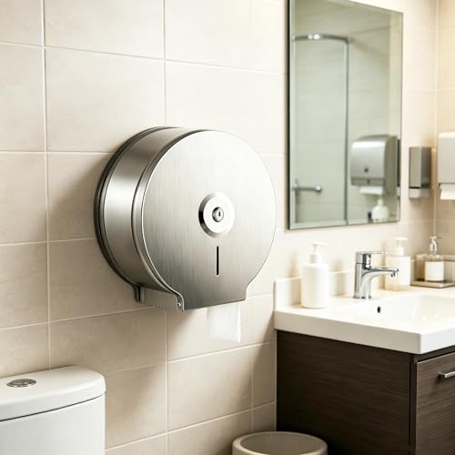 Commercial Jumbo Toilet Paper Dispenser, Brushed Stainless Steel Large Roll Bathroom Tissue Holder Wall Mount, 9” Diameter Lockable Dispenser with Key for Business Restrooms - color: Brushed Silver