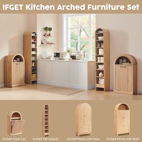 IFGET Arched Tilt-Out Trash Can Cabinet, Fluted 10 Gallon Trash Can with Open Shelf, Modern Laundry Hamper Cabinet, Hidden Garbage Can with Storage Basket for Kitchen, Living Room, Narural - color: Natural