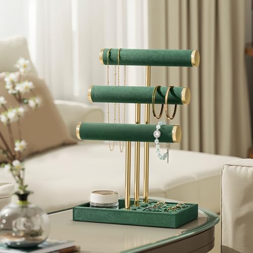 Jewelry Organizer Stand Display, 3 Tier Velvet Bracelet Holder, Green - color: Dark Green, size: Standard