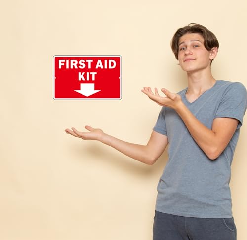 First Aid Sign, (2 Pack) Self Adhesive First Aid Kit Sign for Wall, Aluminum Metal Signs With 2 Pre-drilled Holes (9 x 6 inches, Red/White) - color: Red /White