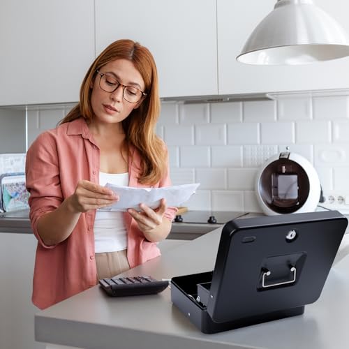 Cash Box with Money Tray and TOP Key & Push-Button Lock, Money Saving Lock Box, Safe Locking Box for Cash Register XL 11.8"x9.45"x3.54" Black - color: Black with top key