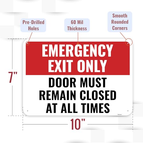 2PC Emergency Exit Only Sign, 10 x 7 Inches - Aluminum - Door Must Remain Closed At All Times - color: Red, White, Black