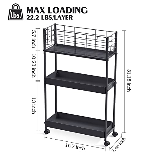 Slim Rolling Storage Cart, 3 Tier Heavy Duty Metal Utility Cart, Black - color: Black, size: 3-Tier