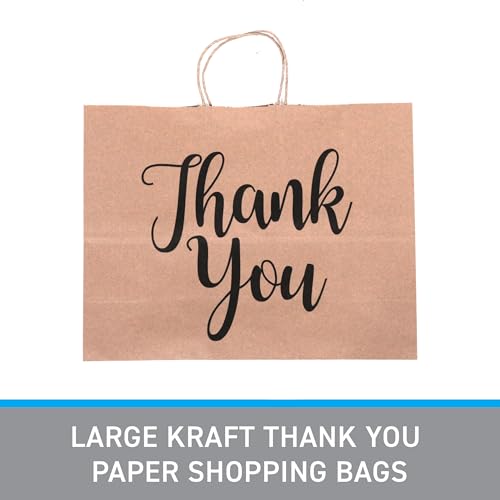 Large Kraft Thank You Paper Shopping Bags - 16”L x 6”D x 12”H - Case of 100