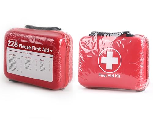Compact First Aid Kit (228pcs) Designed for Family Emergency Care. Waterproof EVA Case and Bag is Ideal for The Car, Home, Boat, School, Camping, Hiking, Office, Sports. Protect Your Loved Ones. Red