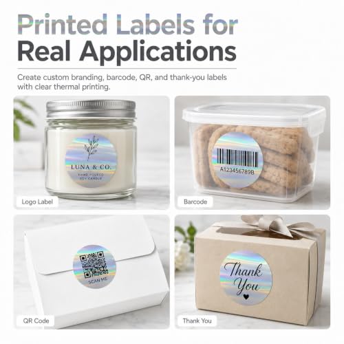 Round Holographic Silver Thermal Label 2 Inch Vinyl Sticker 200 PCS - color: Holographic Silver, size: 2 × 2 Inch