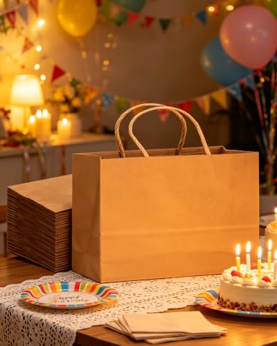 qiqee 13"x4.5"x10" Large Gift Bag with Handles Bulk 100PCS Gift Paper Bags Brown Bags Multiple Uses (Wide Large) - size: Wide Large - 100 Packs