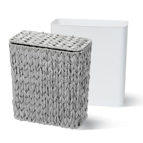Coeusy Wicker Trash Can with Lid & Liner, Small Bathroom Waste Basket, Grey - color: grey