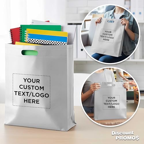 DISCOUNT PROMOS 10 Exhibition Tote Bags Set - Customizable Text, Logo - Non-woven, Soft, Recyclable, Reusable - White 15"X16"2.5", Die-cut Handles - color: White, size: 10 tote bags, style: 15"x16"2.5", Die-cut Handles