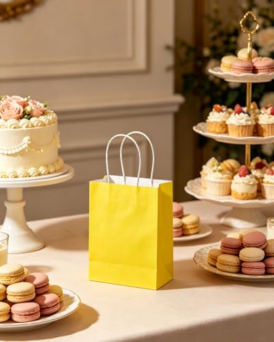 qiqee 24PCS Mini Gift Bag with Handles Bulk 4.5"x2.5"x6" Gift Bags Bright Yellow Bags Multiple Uses - color: Bright Yellow