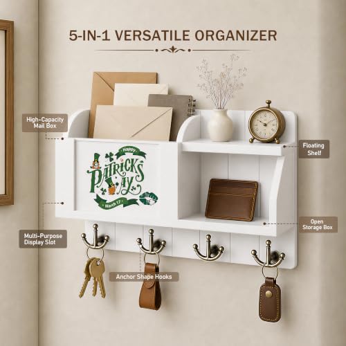 Rebee Vision Key Holder Wall Mount with Mail Organizer for Entryway, White - color: White