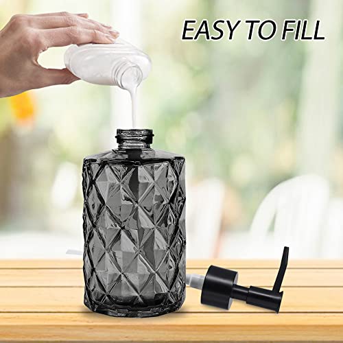 11oz Glass Soap Dispenser with Plastic Pump, Clear & Black Diamond Design Refillable Hand Soap Dispenser for Hand Wash and Dish Wash for Dishwashing Liquid, Lotion Shower Gel - color: Diamond Black & Diamond Clear