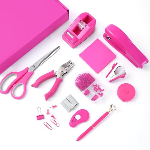 Hot Pink Desk Accessory Kit Cute Office Supplies Set Desktop Stapler Set Includes Staple Remover Hole Punch Tape Dispenser Ballpoint Pen Scissor Mini Box Cutter Tape Measure Paper Clips Sticky Notes - color: Hot Pink
