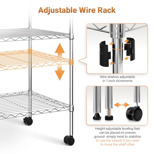 Simple Deluxe Heavy Duty 4-Tier Shelving with Wheels, 35.43" W x 17.72" D x 61.02" H Adjustable Steel Organizer Wire Rack, 1400 Lbs Loading Capacity, Chrome - color: Chrome, size: 4-Tier, 36"W x 18"D x 61"H