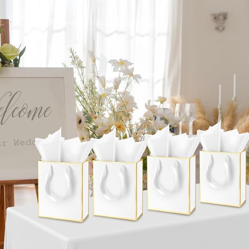 Yeaqee 50 Pcs Metallic Paepr Gift Bags Bulk with Handles,White Gold - color: White and Gold