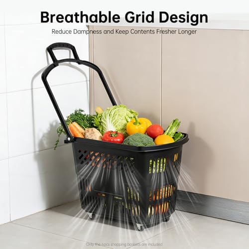 6PCS Rolling Shopping Carts with Wheels and Handles, 35L Portable Plastic Shopping Basket Set Grocery Cart for Supermarket, Retail Store, Bookstore, Laundry, Garage (Black)