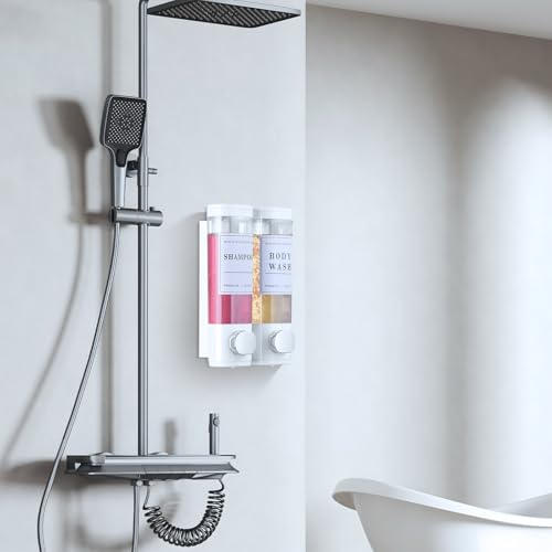 Shampoo and Conditioner Dispenser Bathroom Shower Soap Dispenser Wall Mounted Shampoo Dispenser for Shower Wall No Drill 2 * 350ml White 2 Chamber with Waterproof Labels Self - color: White 2