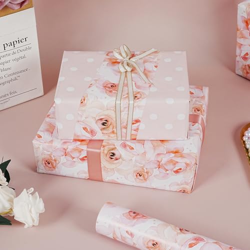 Floral Wrapping Paper Roll, Reversible Pink Wrapping Paper for Women Girls, Pink Rose White Polka Dot Design, Flower Gift Wrap Paper for Birthday Wedding Baby Shower Bridal Shower, 17Inch x 33Feet - color: Pink