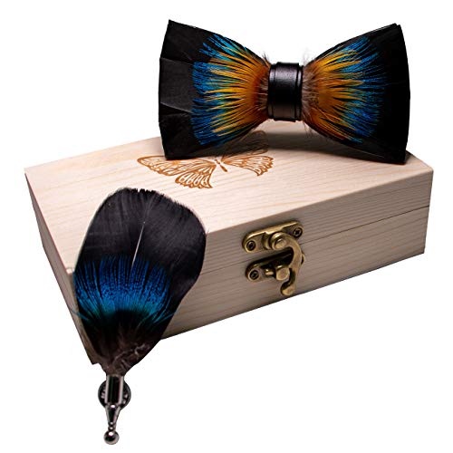 RBOCOTT Handmade Feather Pre-tied Bow tie and Brooch Sets for Men - color: Orange/Blue