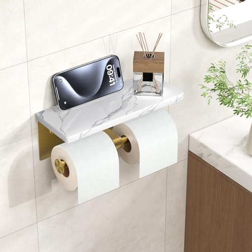 FORIOUS Double Marble Toilet Paper Holder with Phone Shelf, Commercial - color: Brushed Gold, size: Double Roll