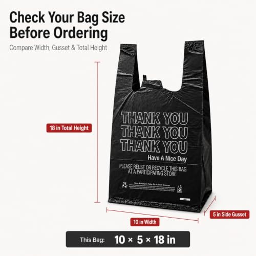 Black Thank You T-Shirt Bags, 10 x 5 x 18 in, 14 Micron, 1000 Count