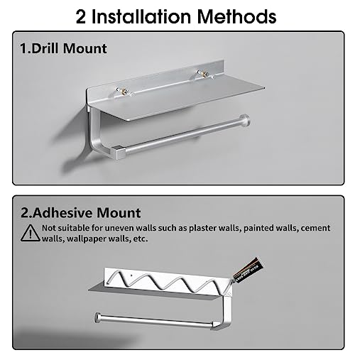 Danpoo Wall Mount Paper Towel Holder with Shelf for Bathroom/Kitchen, Adhesive Hand Towel Holder, Matte Silver - color: Silver