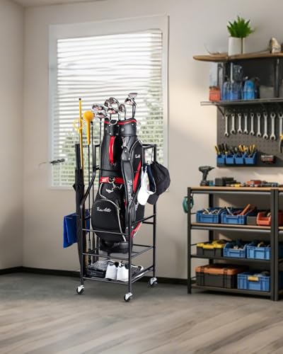 FHXZH Golf Bag Storage Garage Organizer - Golf Bag Stand with Wheels - color: Black - Without Bottom Drawer Basket