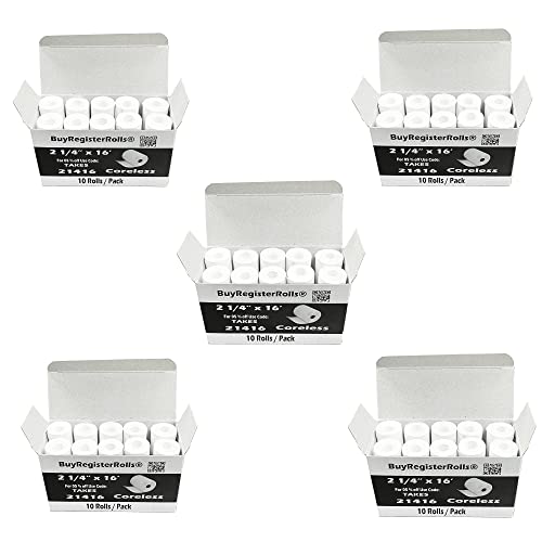 BuyRegisterRolls (50 Rolls) 2 1/4 x 16 Thermal Paper Rolls Coreless 2.25 (57mm) x 16 ft 1 Ply BPA Free Thermal Receipt Paper Rolls