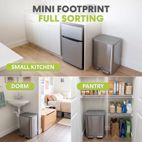 SIMPLI-MAGIC 10.5 Gallon (2 x 5.3 Gallon) / 40 Liter Mini Space-Saving Dual Compartment Stainless Steel KitchenTrash Can, Step-On Kitchen Garbage Bin with Removable Inner Buckets and Soft-Close Lid - size: 40 L