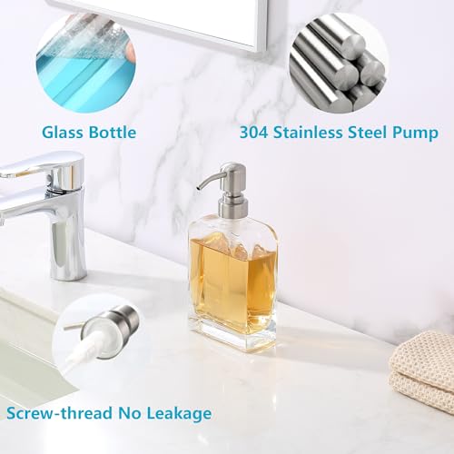 Glass Soap Dispenser with Rust Proof Stainless Steel Pump, Kitchen Hand and Dish Soap Dispensers 2 Pack Set, Refillable Hand Sanitizer Clear Soap Dispenser Bathroom Set, Brushed Nickel - color: Brushed Nickel, size: 2 pack - 11 oz