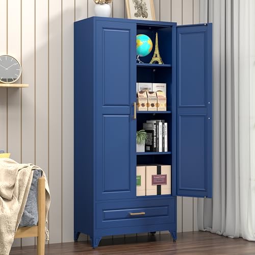 Polup 75" Metal Storage Cabinet, Tall Kitchen Pantry Cabinet with 1 Drawer - color: Blue, size: 75"H - 1 Drawer