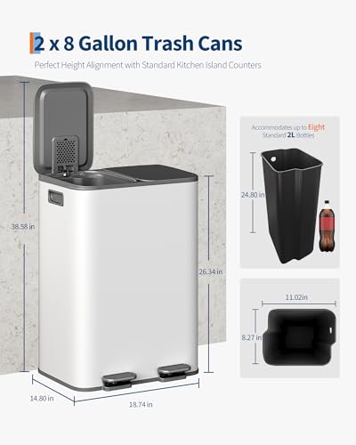 GarveeHome 2 x 8 gal Stainless Steel Double Trash Can with Lid for Kitchen, Large Dual Trash and Recycle Bin Combo, Step-on Kitchen Metal Garbage Cans, PP Inner Buckets, Liner Rim, Grayish-White - color: Grayish-White, size: 2 x 8 gallon