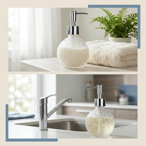 220ml/7.3oz Clear Glass Soap Dispenser with Plastic Pump, Refillable Hand Soap & Lotion Bottle for Bathroom, Kitchen Countertop & Laundry Room
