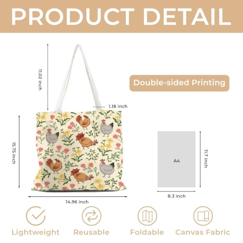 Cute Canvas Tote Bag for Women, Book Totebag with Zipper Pocket - color: Chicken Flowers
