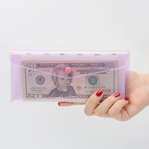 Cash Envelope Wallet with 6pcs Divider with Pockets and 2pcs Tab Stickers Set Reusable Budget Envelopes Purple Glitter PVC Money Bag Pouch Organizer for Budgeting Bill Receipt Coupons - color: Purple