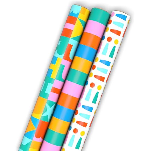 Hallmark Birthday Wrapping Paper Mini Rolls, 3-Pack, 45 Sq. Ft. - style: Rainbow Block Letters, Stripes, Exclamation Points