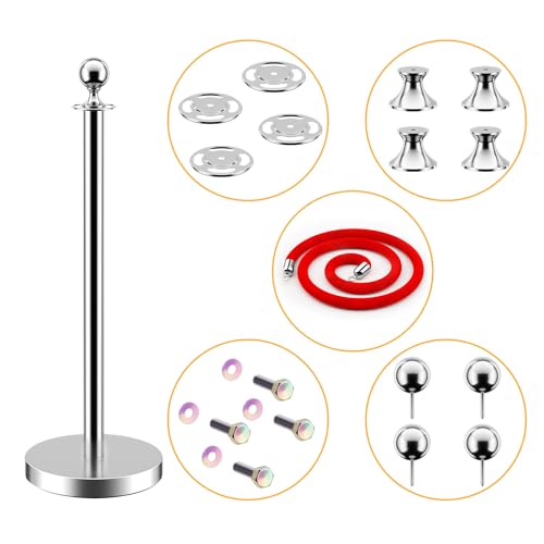 LOVMOR Crowd Control Stanchion, 12Pcs Silver Stanchion Posts Queue with 8pcs 5 ft/1.5 m Red Velvet Rope, Rope Barriers Crowd Control Barriers Queue Line for Hotel Theater Party Supplies - color: Silver-12pack