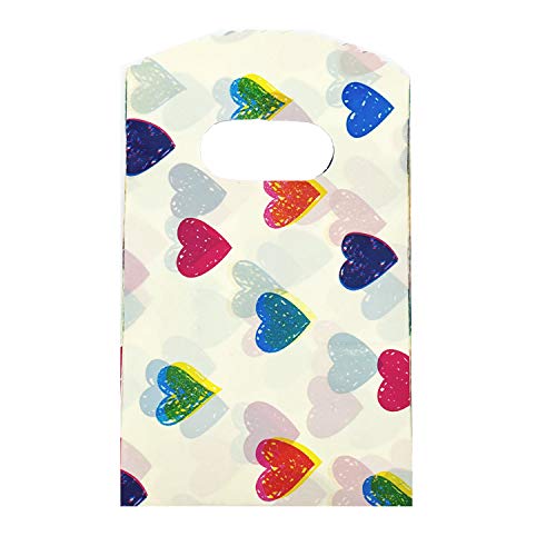 Joyhey 100 Count 3.5" x 5.9" Small Plastic Merchandise Bags, Retail Bags, Gift Bags with Die Cut Handles - Multicolor Hearts - color: Multicolor Hearts