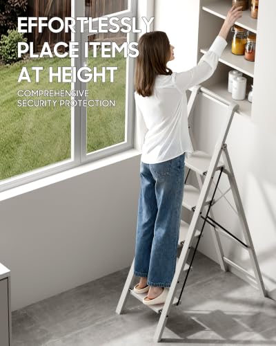 HillhutApex Aluminum 5 Step Ladder, Step Stool Foldable Ladder(Pale Grey) - color: Pale Grey, size: 5 Step With Handrail