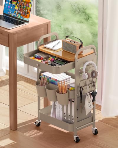 ALVOROG 3 Tier Metal Rolling Cart with Drawer,Wood Top,Pegboards,Khaki - color: Khaki