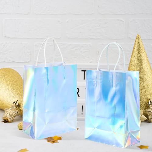 BLEWINDZ 32Pcs Small Paper Gift Bags with Tissues, Iridescent Party Favor Bags with Handles, Holographic Silver Gift Bag for Wedding Baby Shower Birthday Party Supplies - color: 10-Iridescent Silver-S