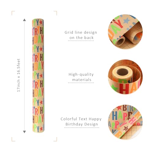 LaRibbons Birthday Wrapping Paper Mini Roll, Kraft Happy Birthday Text - color: Kraft Birthday, size: 17 Inch X 16 Feet